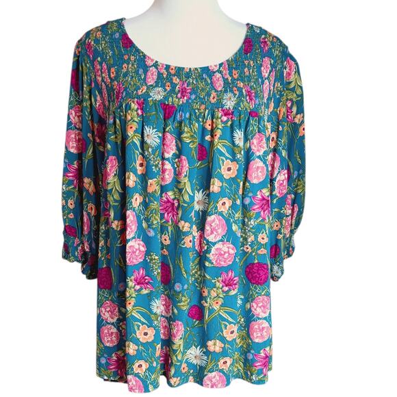 TERRA & SKY Floral Boho Top Blouse Plus 5X 32/34 Smocked Flowy Comfort Teal Pink - Picture 1 of 8